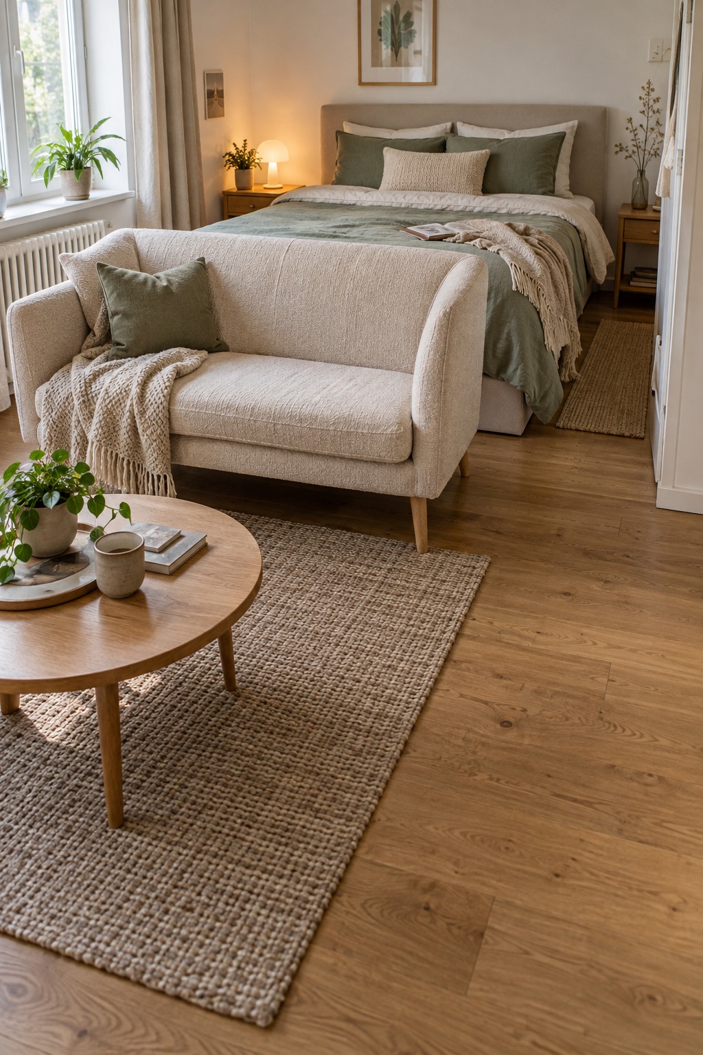 Kleines Sofa steht mit dem Rücken zum Bett und gliedert die Einzimmerwohnung
