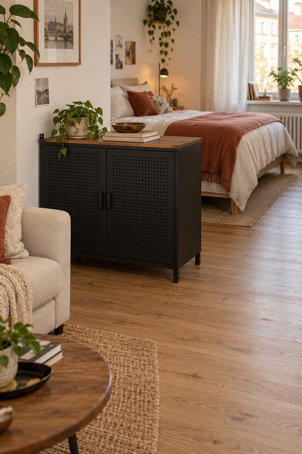 Niedriges schwarzes Sideboard grenzt die Schlafzone ab und bietet Stauraum