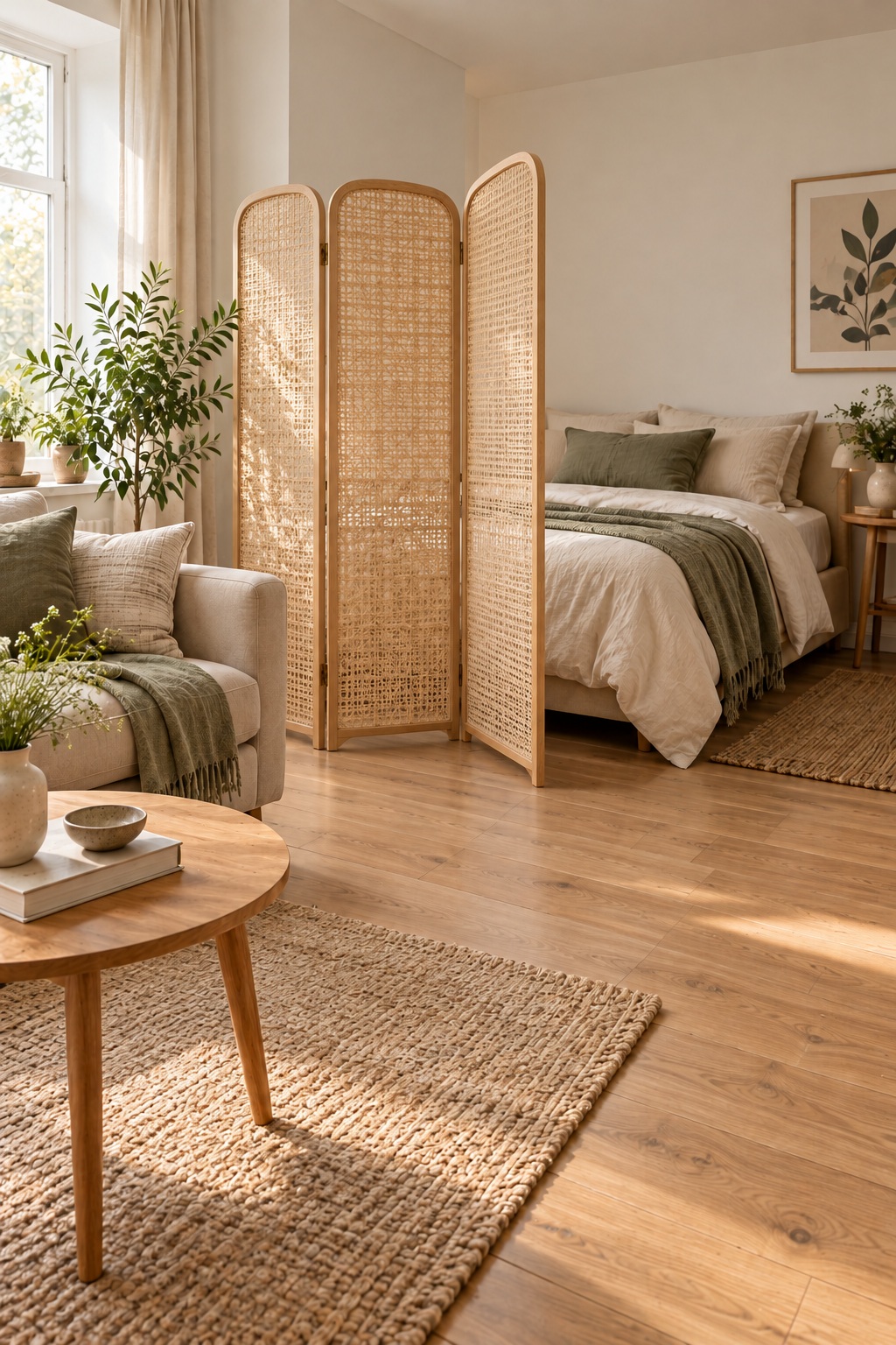 Dreiteiliger Holzparavent mit Geflecht trennt das Bett vom Wohnbereich
