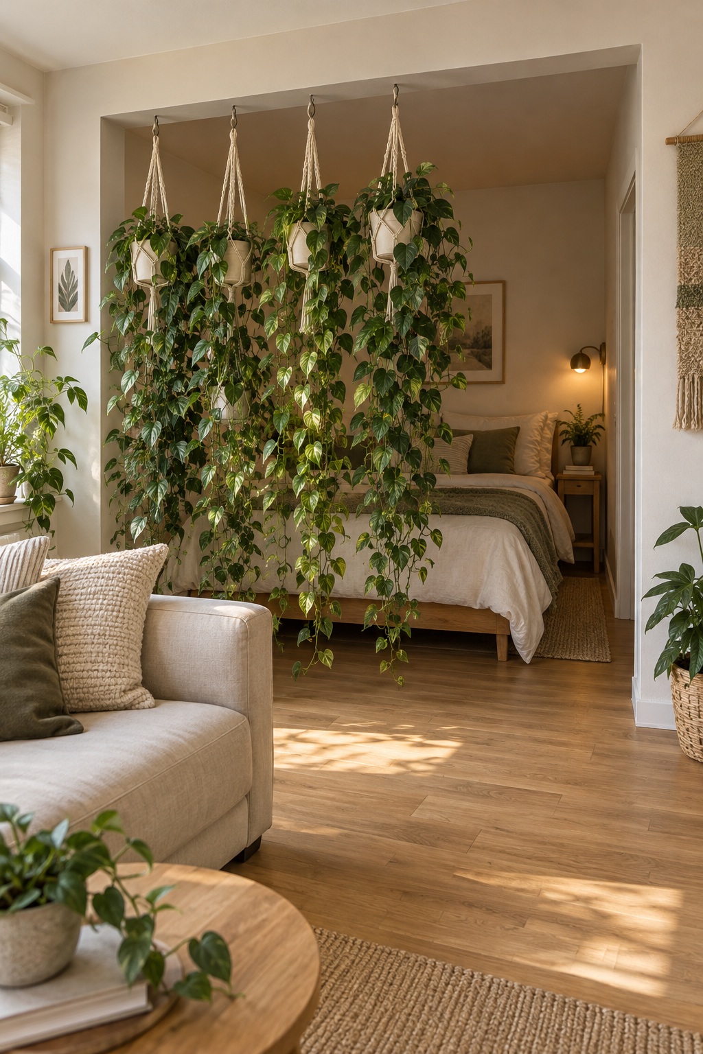 Hängepflanzen verdecken das Bett in einer Schlafnische und lassen rechts den Zugang frei