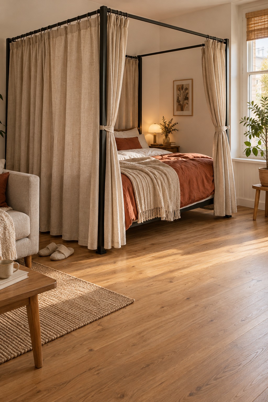 Beige Vorhänge an einem Himmelbett schirmen die Liegefläche ab