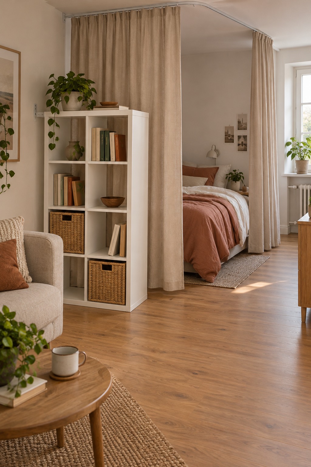 Offenes Regal mit separat an der Decke befestigtem Vorhang auf der Bettseite