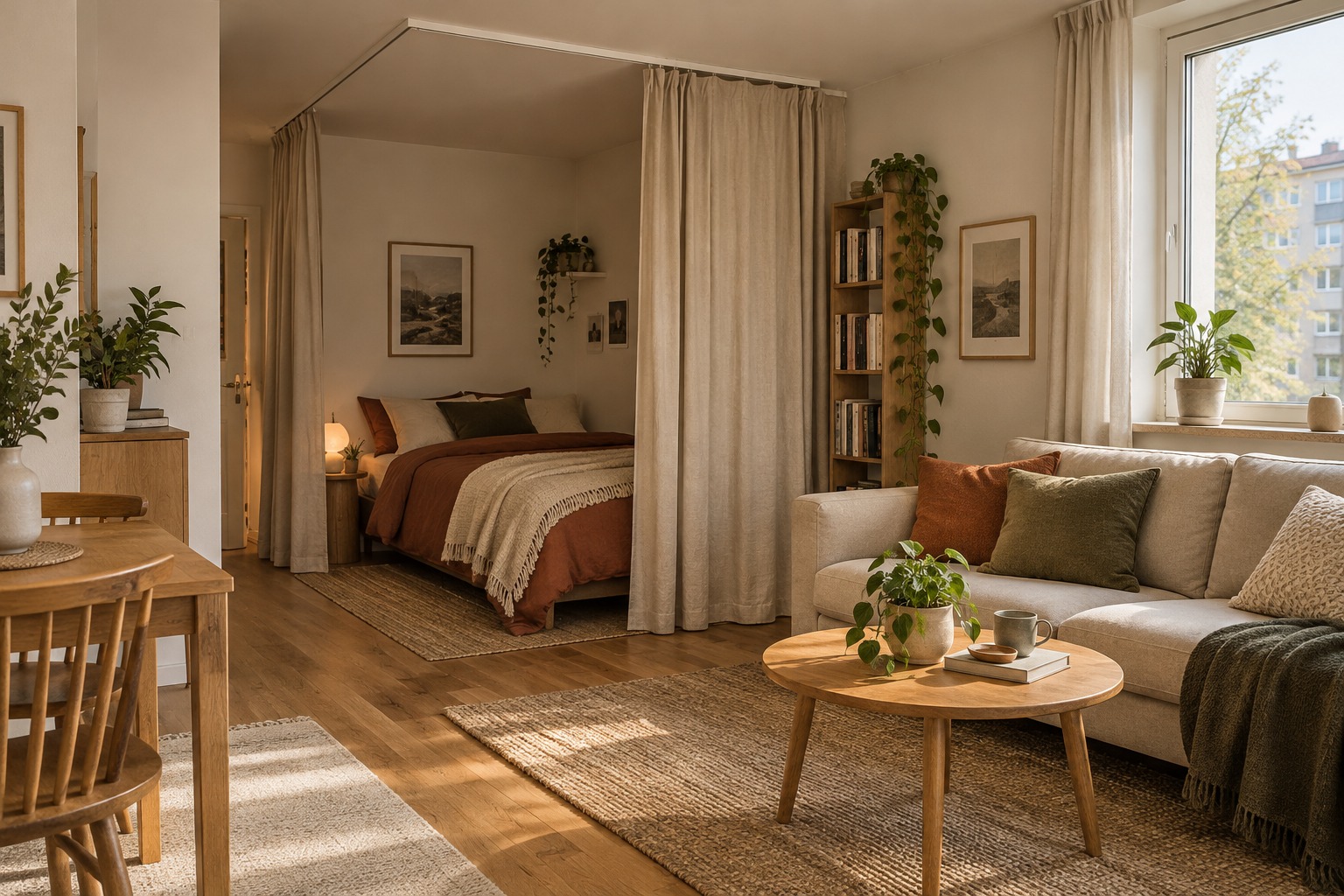 Bett und Wohnbereich einer kleinen Einzimmerwohnung durch einen Vorhang getrennt
