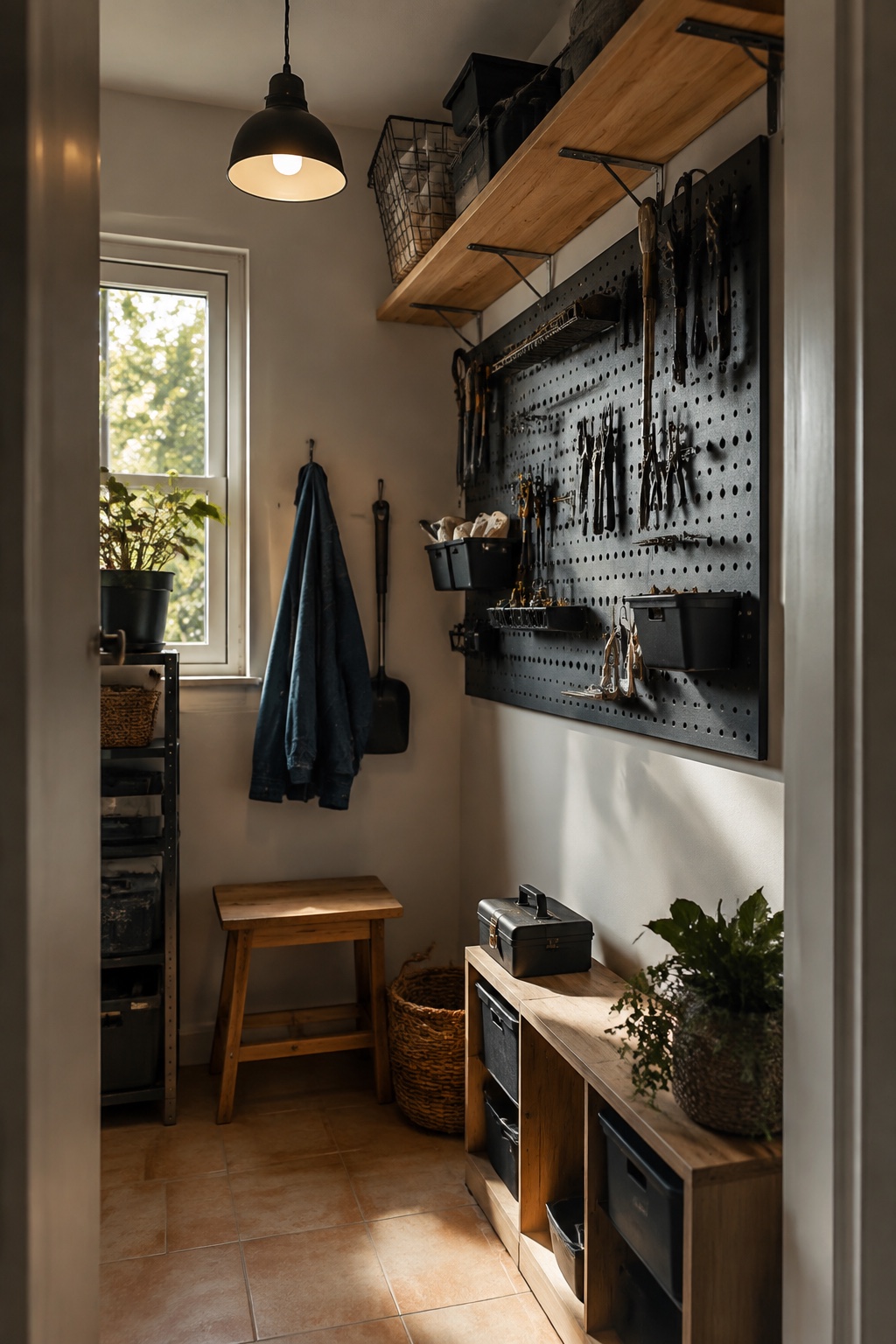 Kleiner Abstellraum mit modularer Stecktafel und wenigen Handwerkzeugen