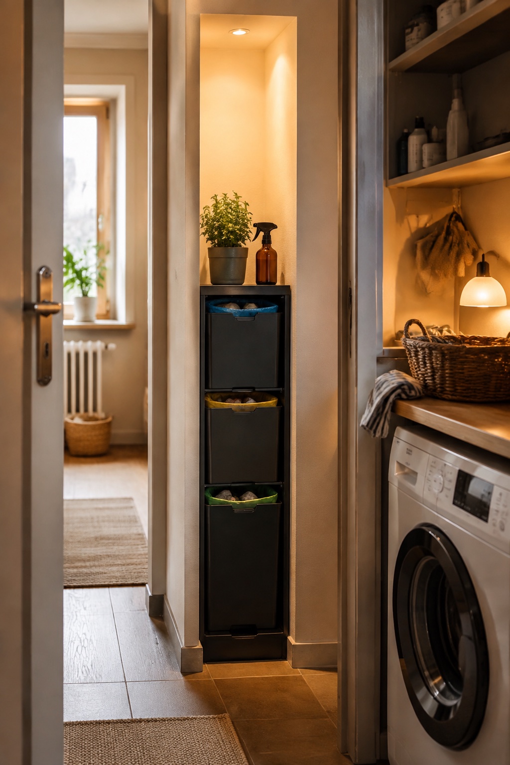 Realistischer Hauswirtschaftsraum mit schmalem Recyclingbehälter in einer Nische