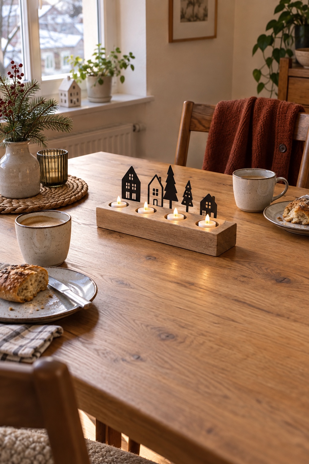 Vier LED-Teelichter in einer schmalen Holzleiste mit schwarzen Wintersilhouetten auf einem kleinen Tisch