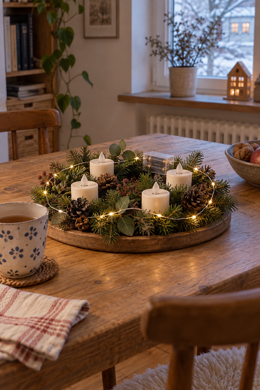 Feine warmweiße Lichterkette um einen kleinen grünen Adventskranz mit erreichbarem Batteriefach