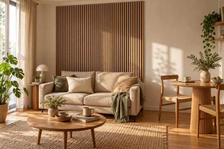 Ein kleines Wohnzimmer mit heller Lamellenwand hinter Sofa und Essplatz