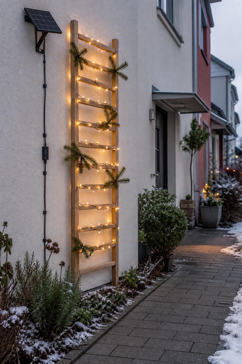 Schmales Holzspalier mit warmweißer Solarlichterkette an einer Gartenwand