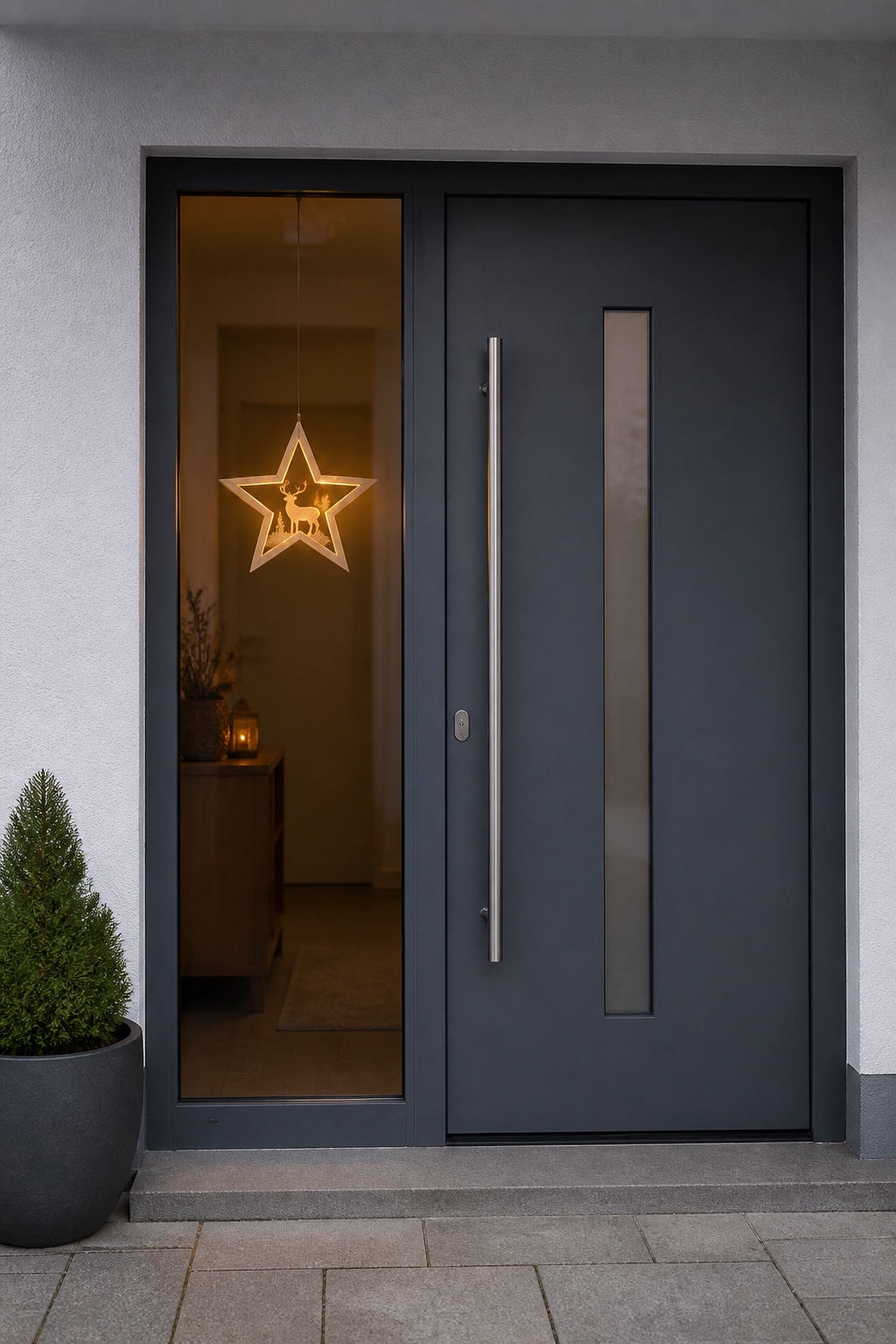 LED-Holzstern mit Rentiermotiv im geschützten Seitenfenster einer Haustür
