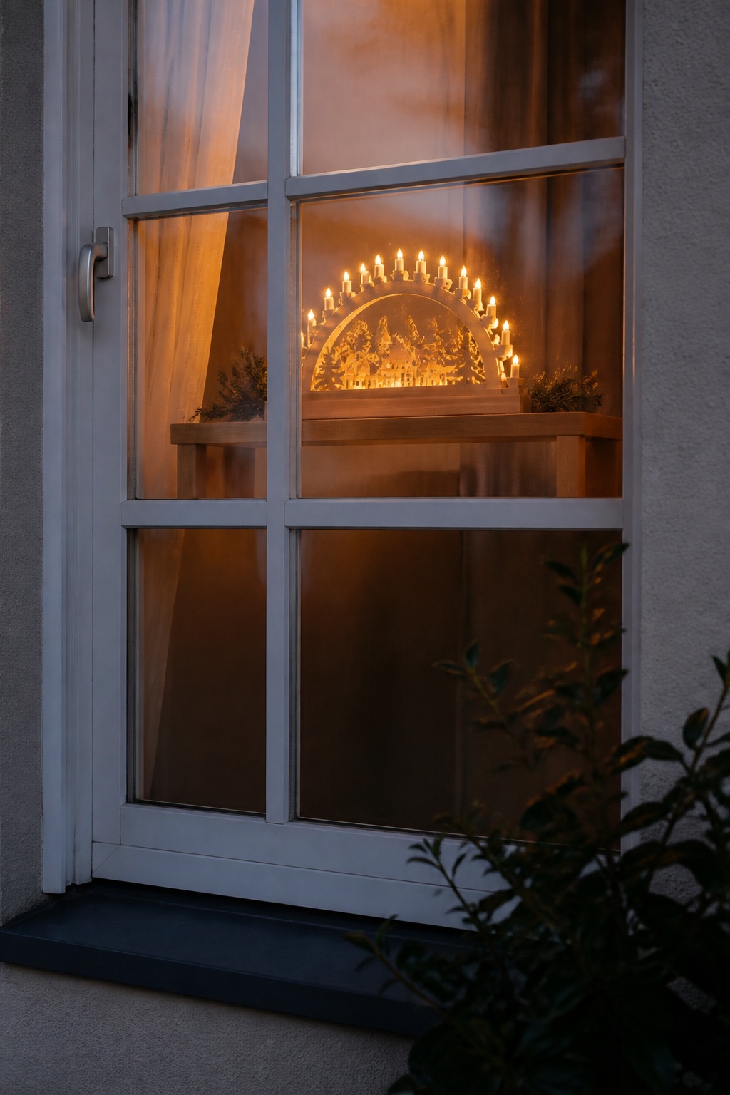 Schmale Holzbank mit einem Schwibbogen hinter einem geschützten Fenster