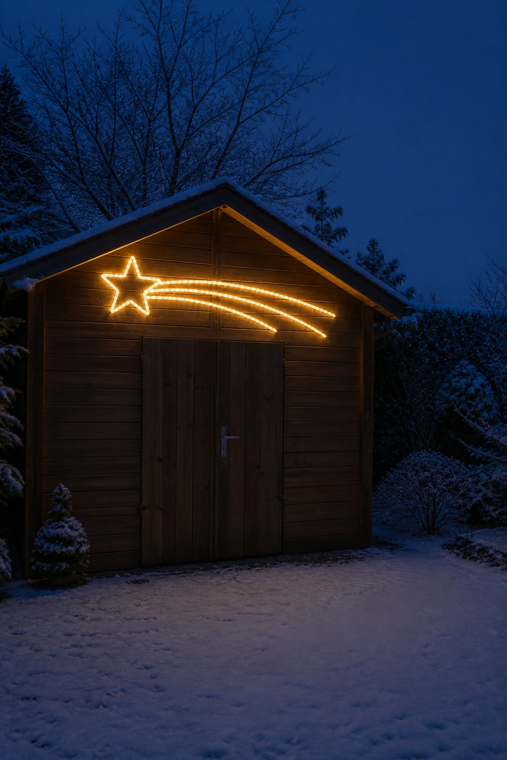 LED-Sternschnuppe waagerecht an der Holzfassade eines Gartenschuppens