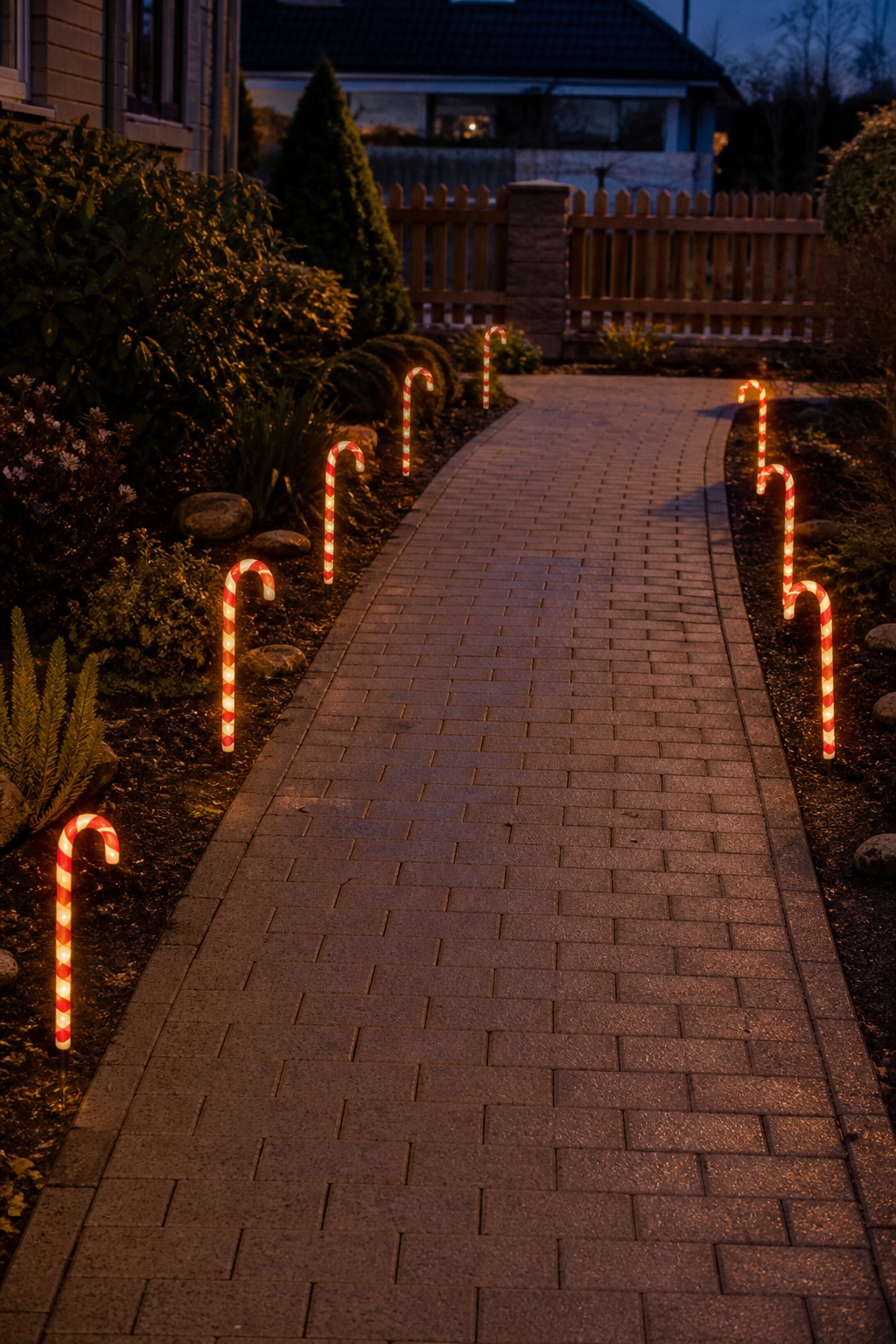 LED-Zuckerstangen in gleichmäßigen Abständen neben einem freien Gartenweg