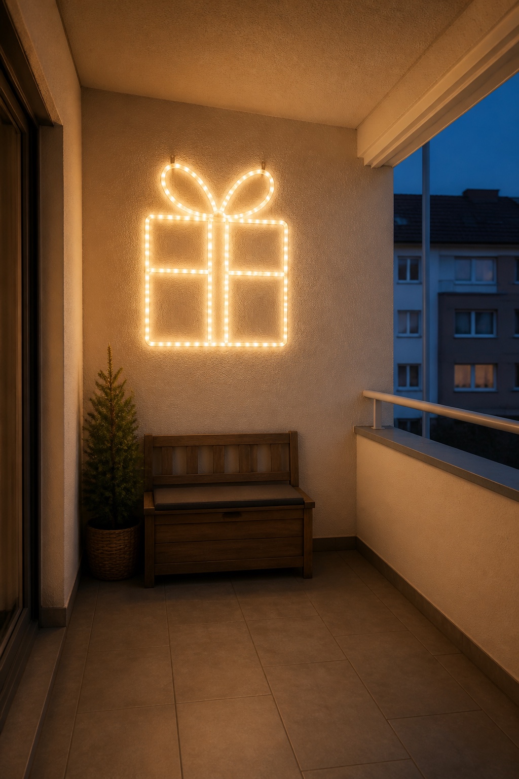 Leuchtende Geschenkbox mittig an einer Balkonwand über einer Holzbank