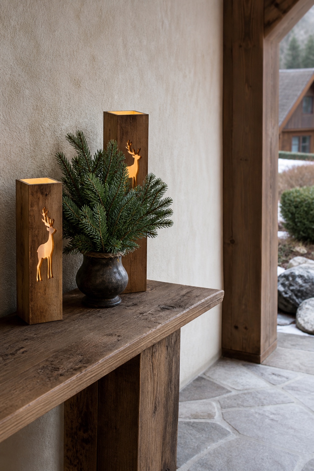 Zwei kleine LED-Holzsäulen neben festen Tannenzweigen auf einer geschützten Außenkonsole