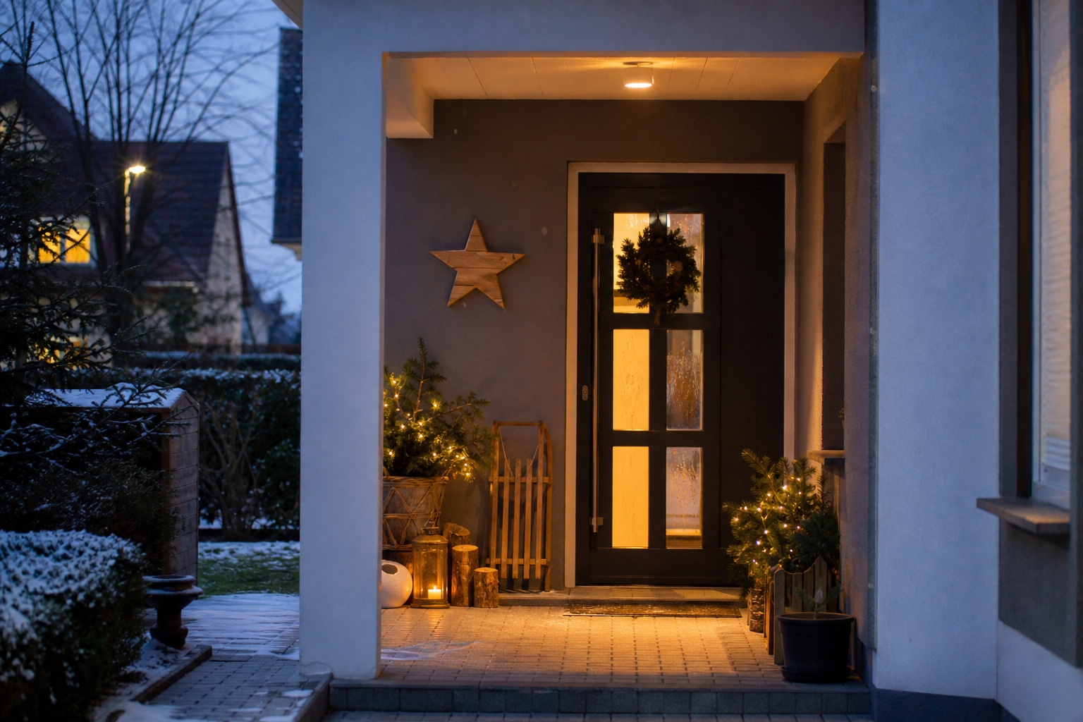 Weihnachtlich dekorierter deutscher Hauseingang mit Holzsternen, Tannengrün und warmem Licht