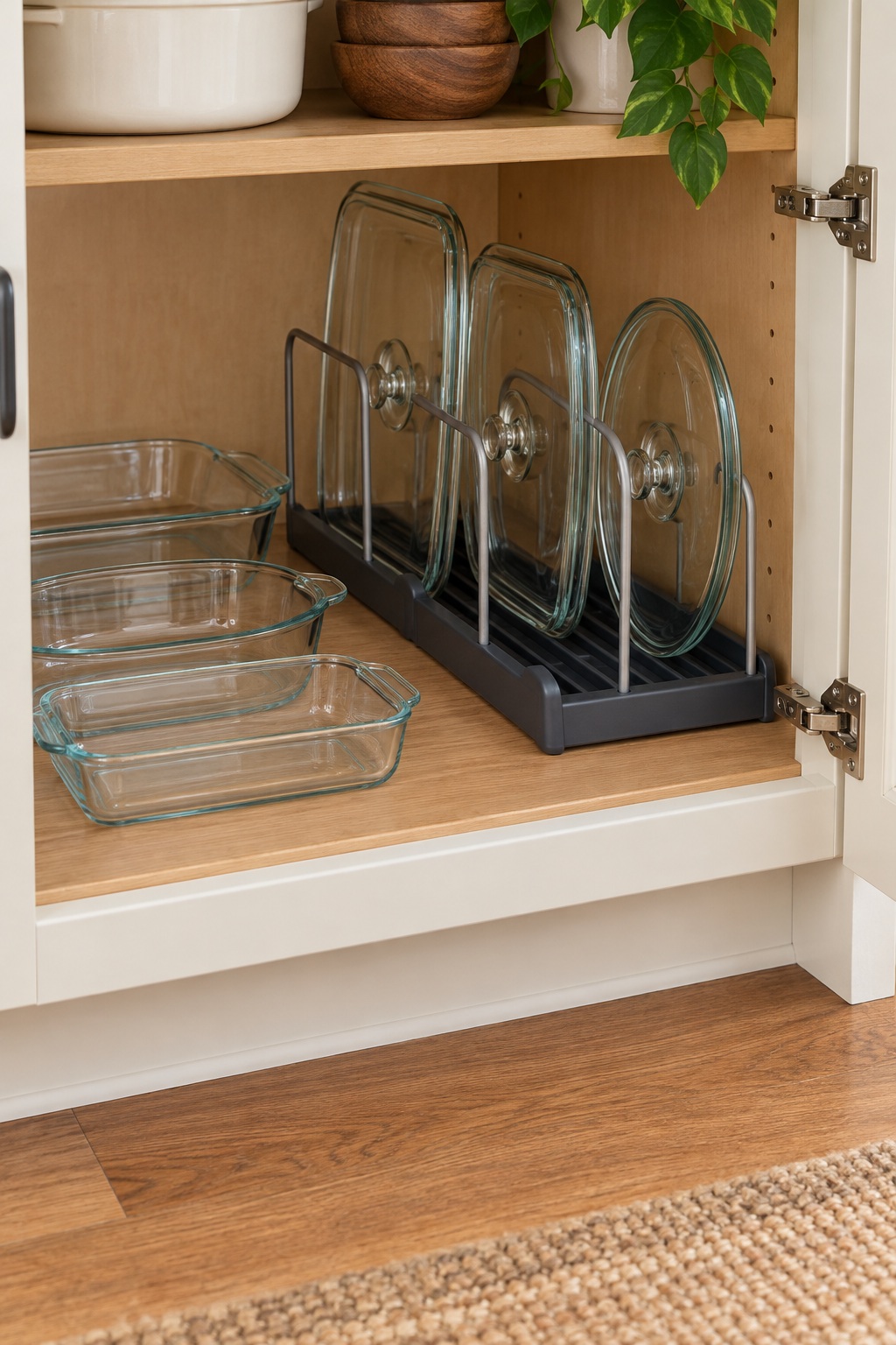 Auflaufformdeckel stehen getrennt neben den Glasformen