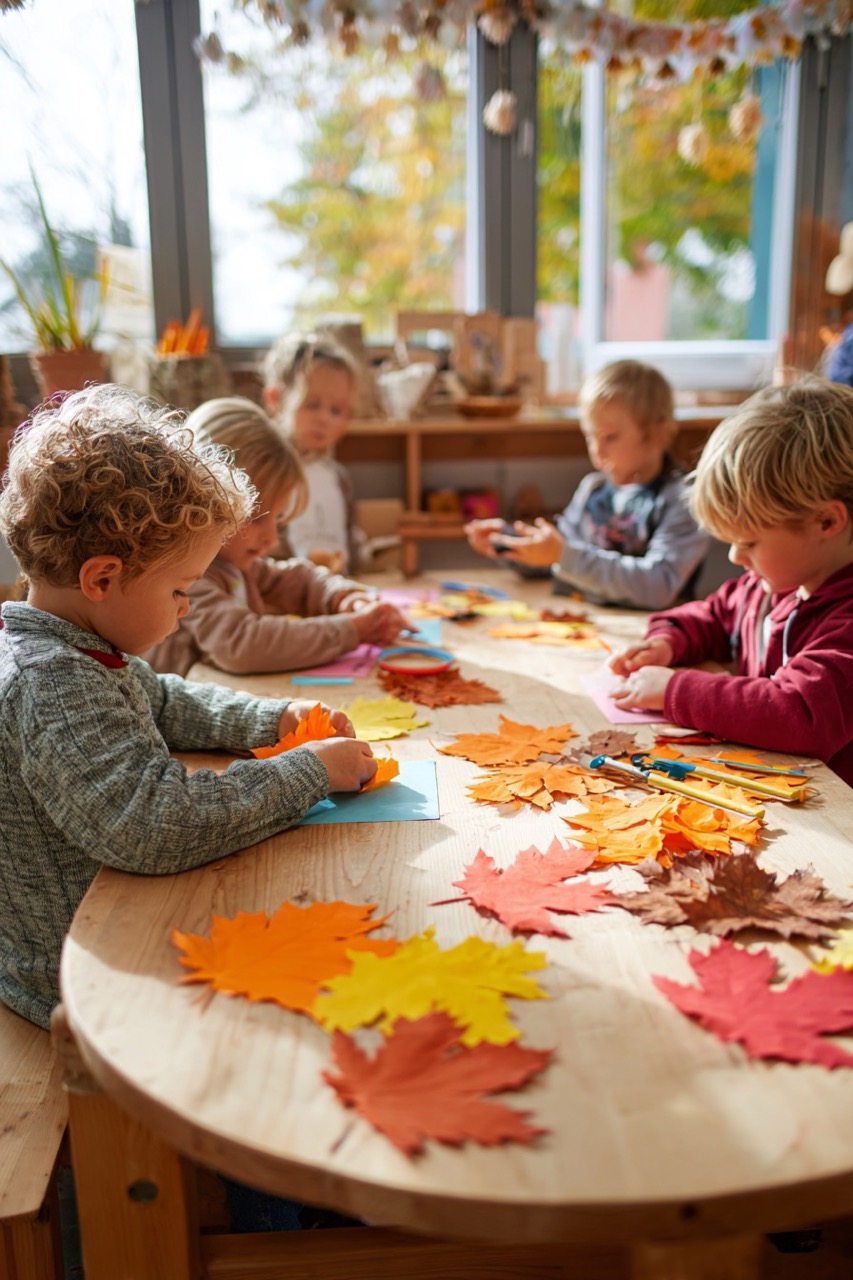 Bastle mit Kindern bunte Herbstblätter aus Papier
