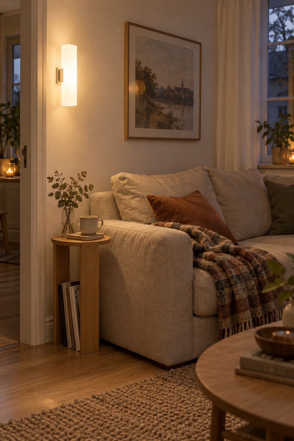 Senkrechte weiße Wandleuchte neben dem Sofa mit festem Wandanschluss