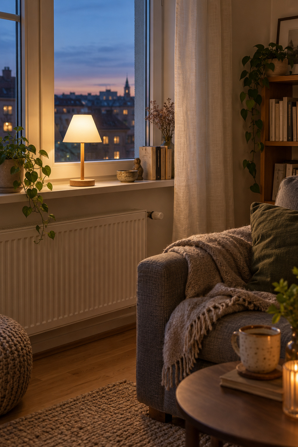 Kleine Akku-Tischleuchte auf tiefer Fensterbank bei Abenddämmerung