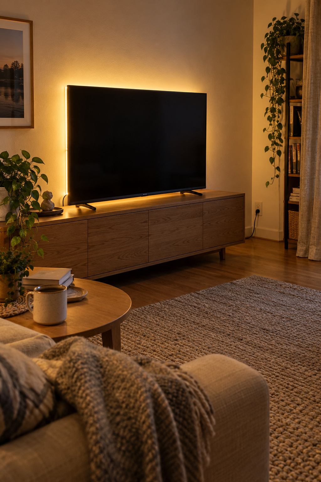 Warmer gleichmäßiger Lichtschein hinter einem Fernseher auf einem Eichen-Lowboard