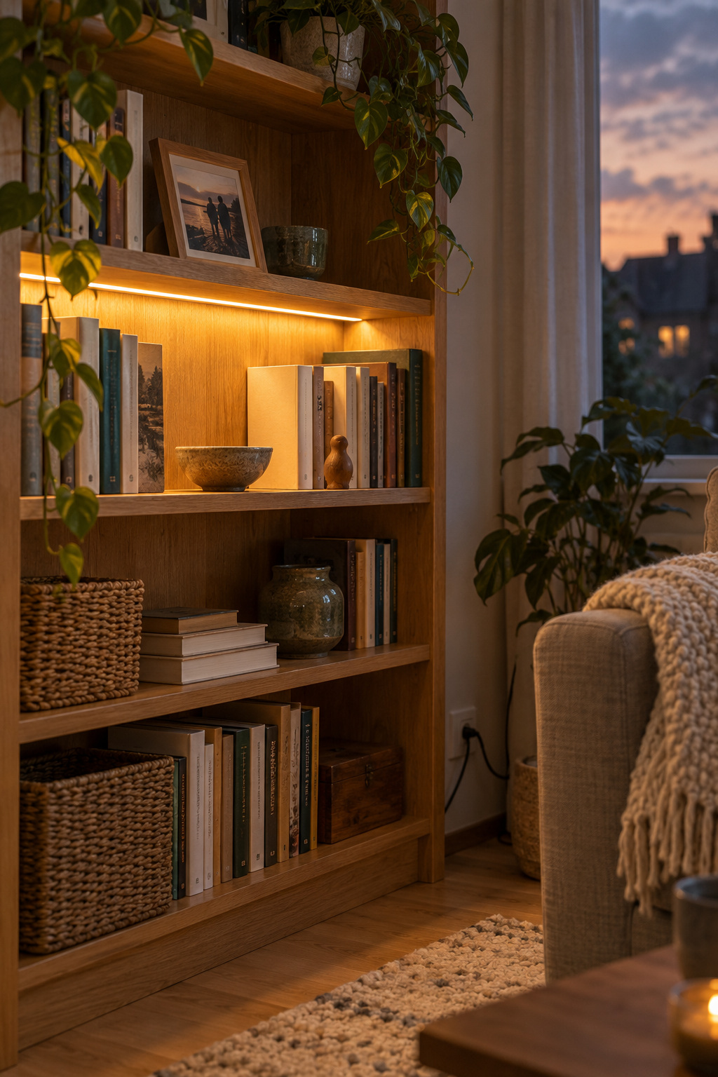 Warmweißer LED-Streifen unter einem Regalboden beleuchtet Bücher