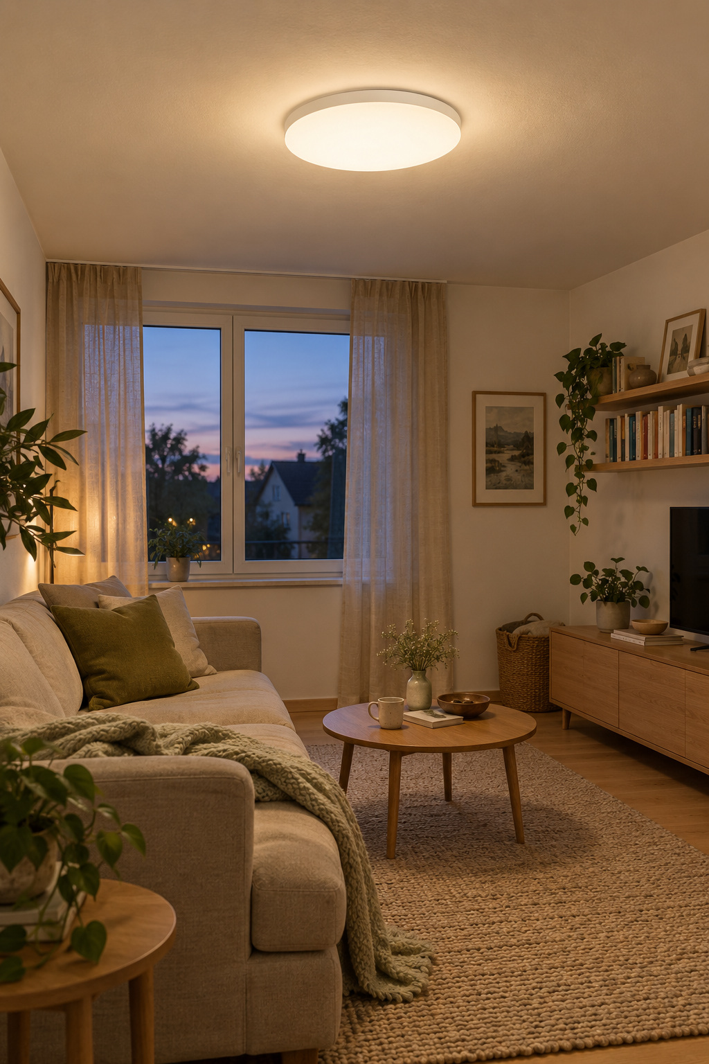 Runde flache Deckenleuchte in einem kleinen Wohnzimmer mit niedriger Decke