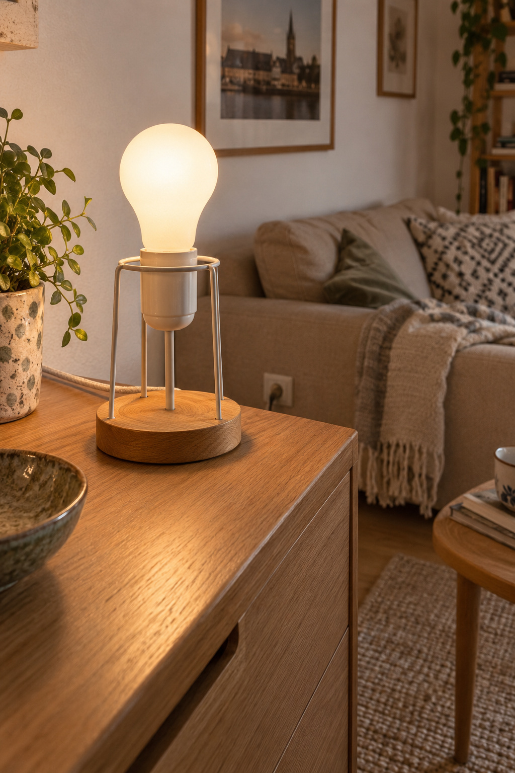 Matte E27-Lampe in einer offenen Tischleuchte erzeugt warmes Licht