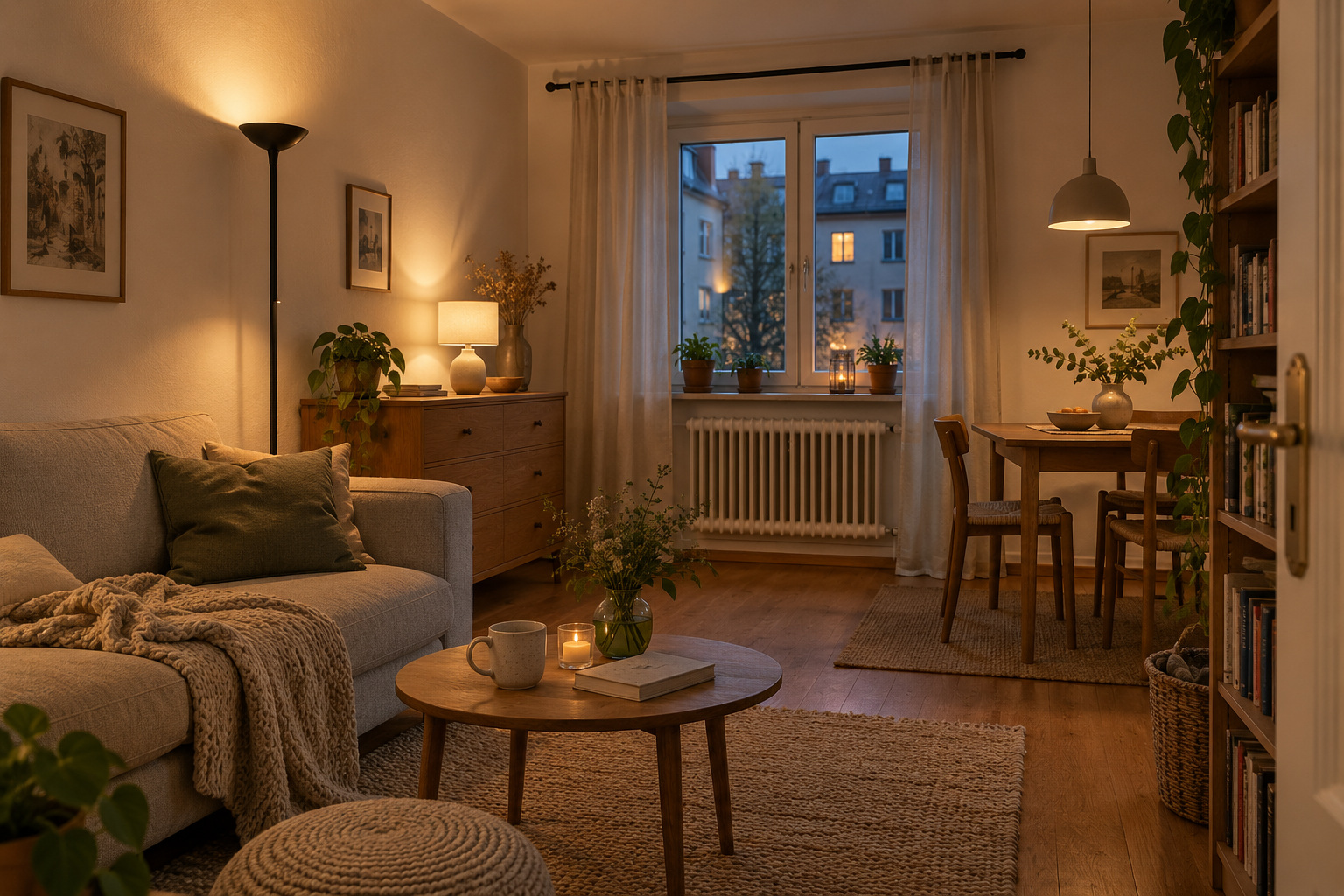 Kleines Wohnzimmer mit warmem Grundlicht und gezielten Lichtquellen