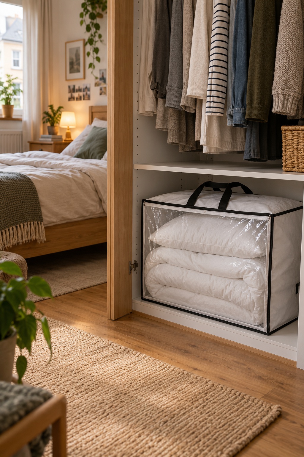 Weiße Vliestasche mit schwarzem Rand und Sichtfenster enthält Decke und Kissen im Schrank