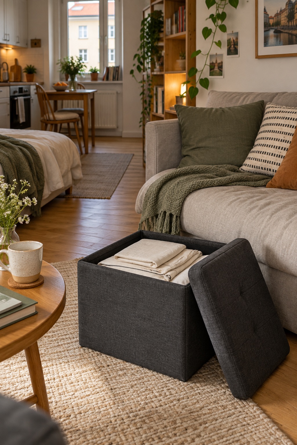 Offener dunkelgrauer Stoffhocker mit Bettwäsche neben einem kleinen Sofa