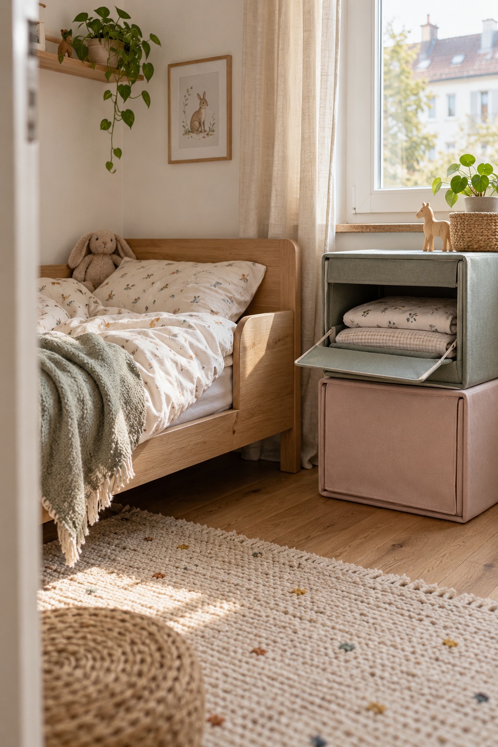 Pastellfarbene Stoffboxen mit Frontklappe und gefalteter Kinderbettwäsche neben einem Bett