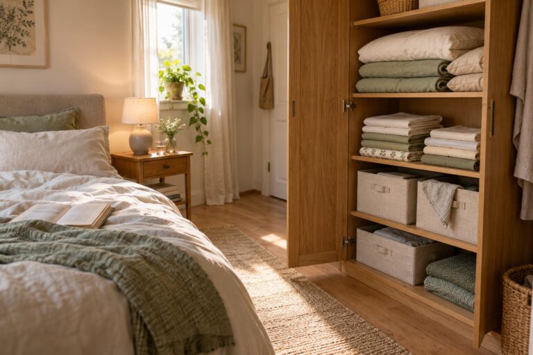 Warme kleine Wohnung mit Bett und geordneten Bettwäsche-Sätzen im Holzschrank