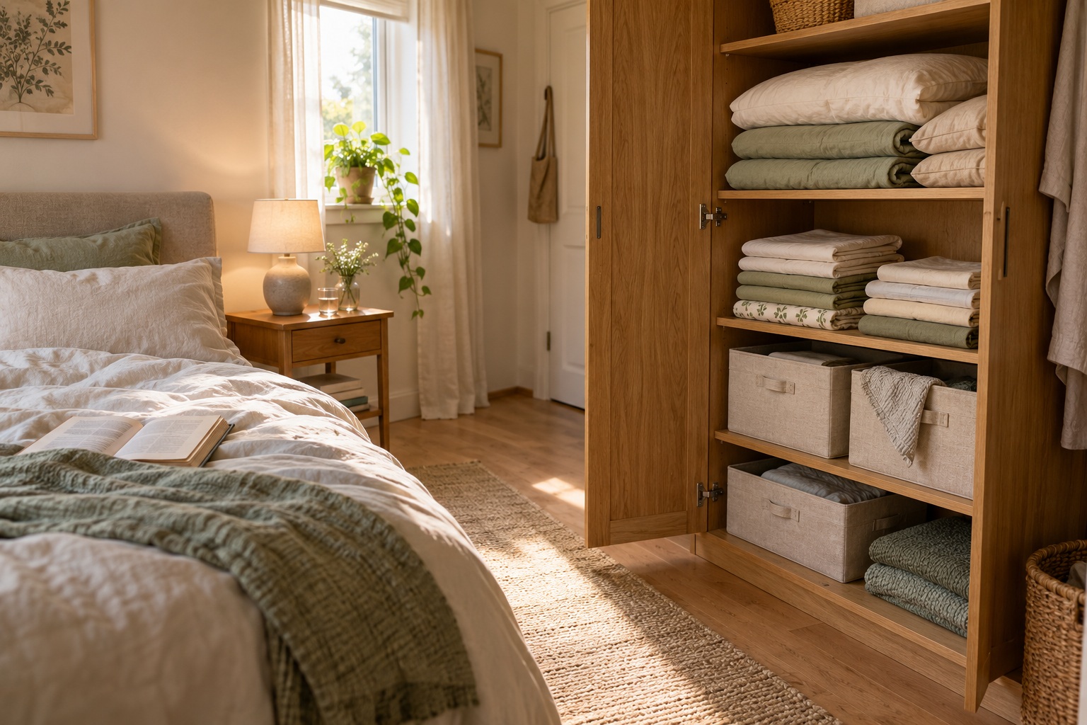 Warme kleine Wohnung mit Bett und geordneten Bettwäsche-Sätzen im Holzschrank