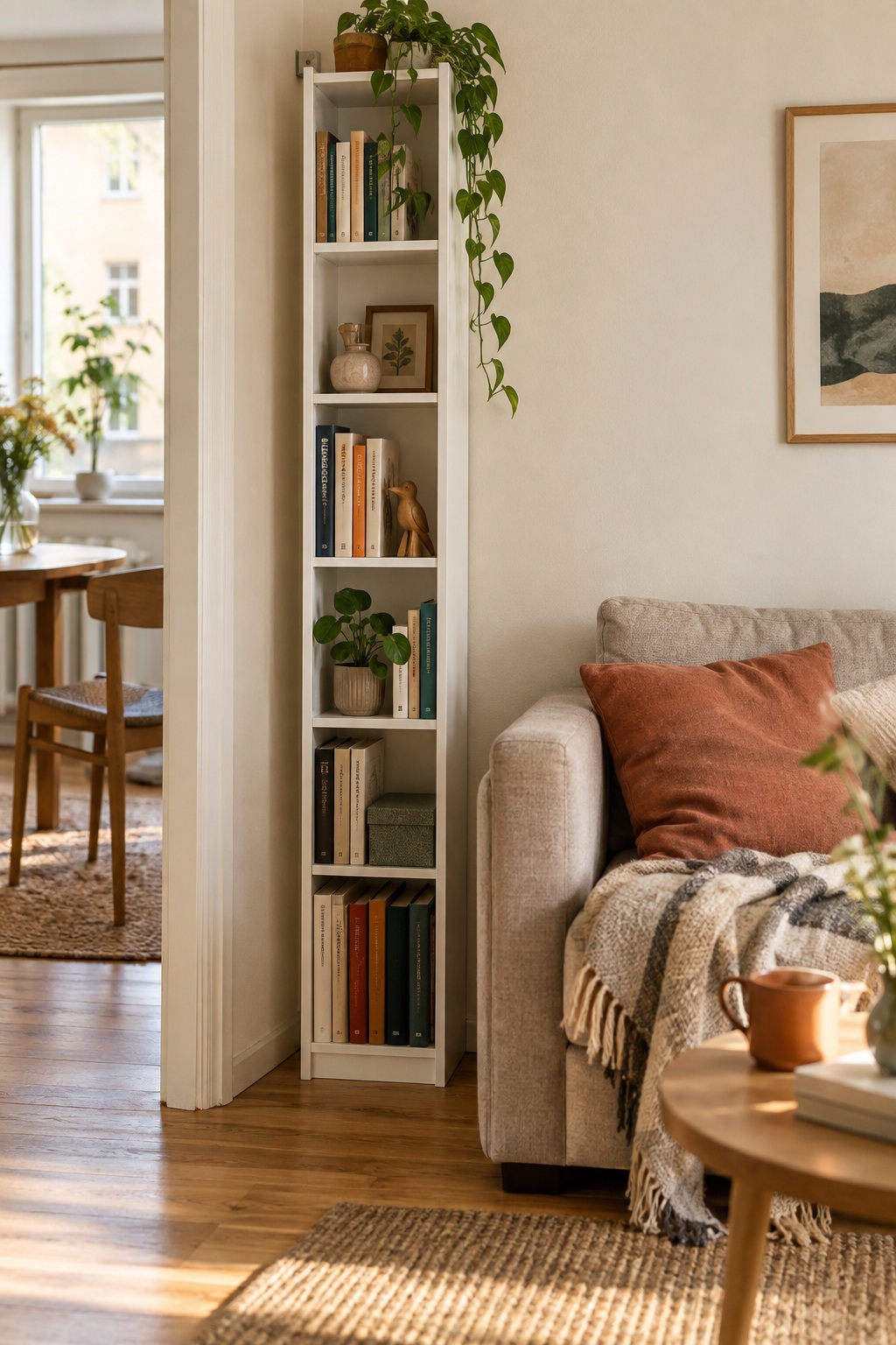 Schmales weißes Bücherregal mit sechs Fächern neben einem Sofa
