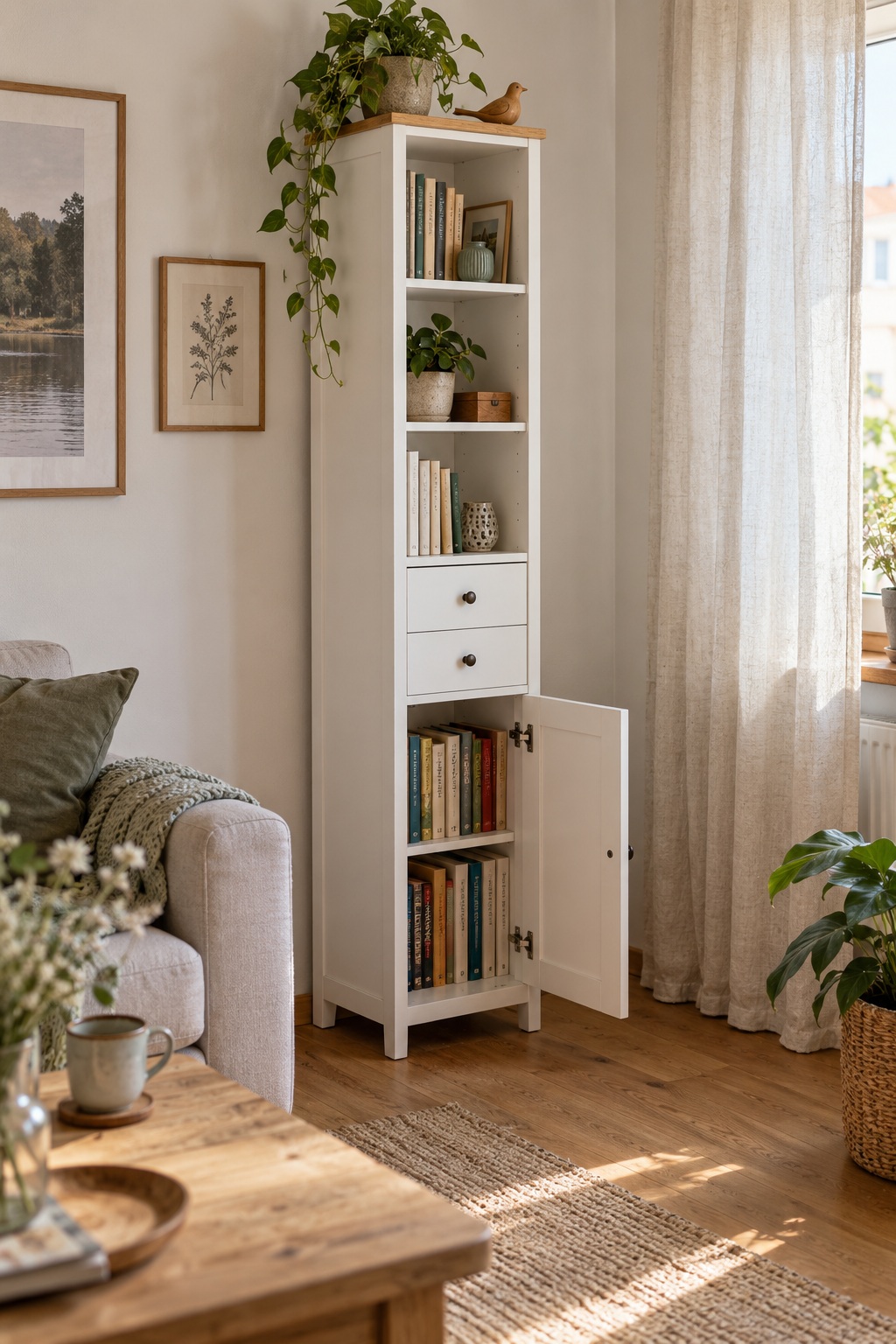 Schmaler weißer Schrank mit Büchern hinter einer geöffneten unteren Tür