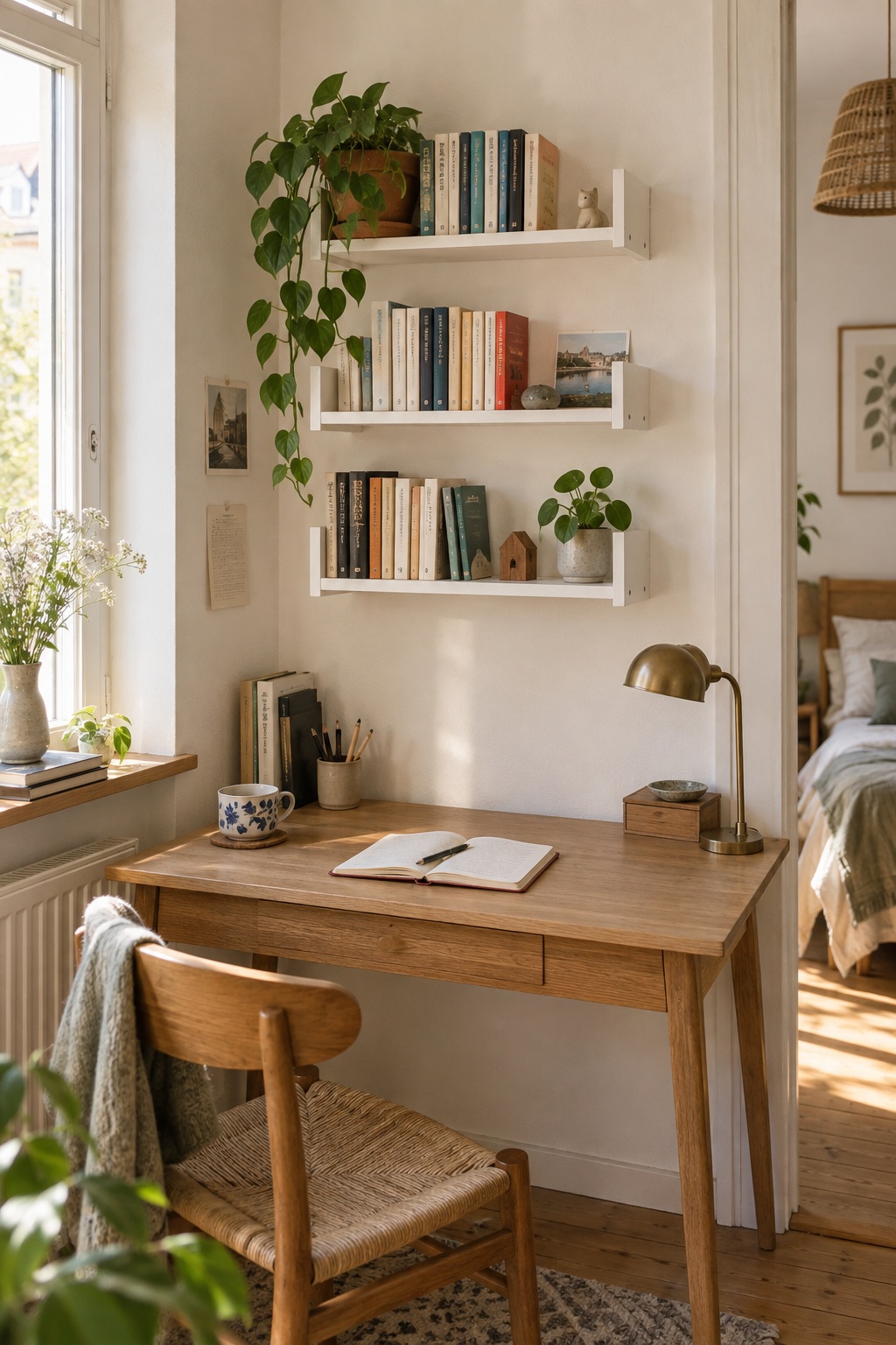 Drei kurze weiße Wandregale mit Taschenbüchern über einem Schreibtisch