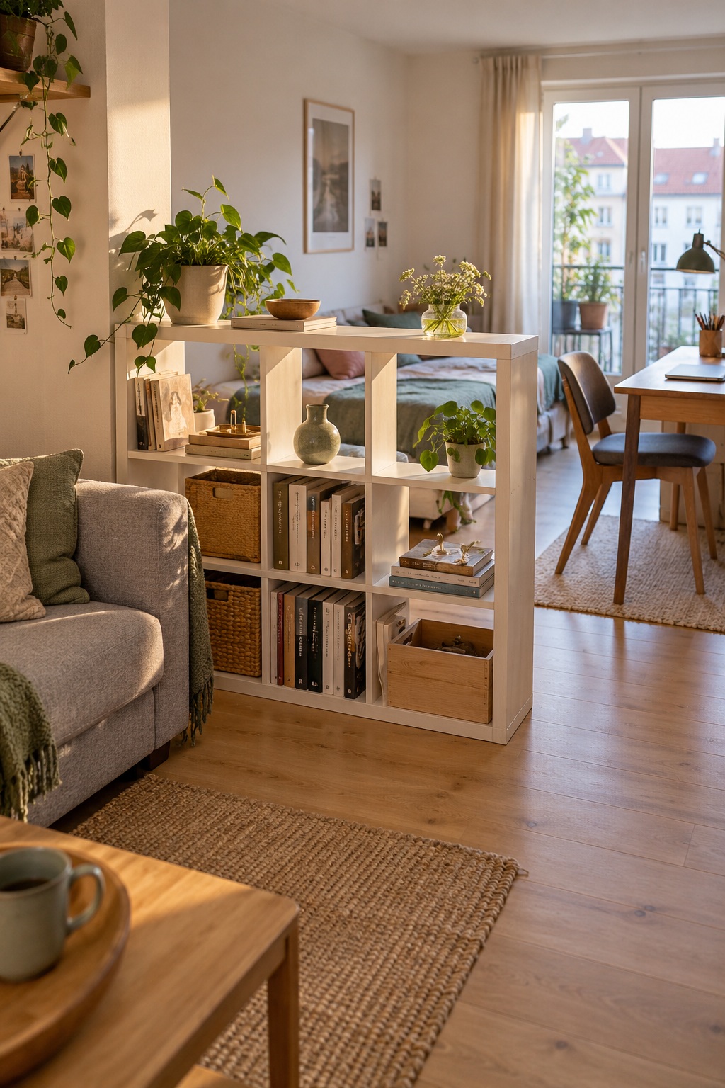 Niedriges offenes weißes Bücherregal zwischen Sofa und Arbeitsplatz