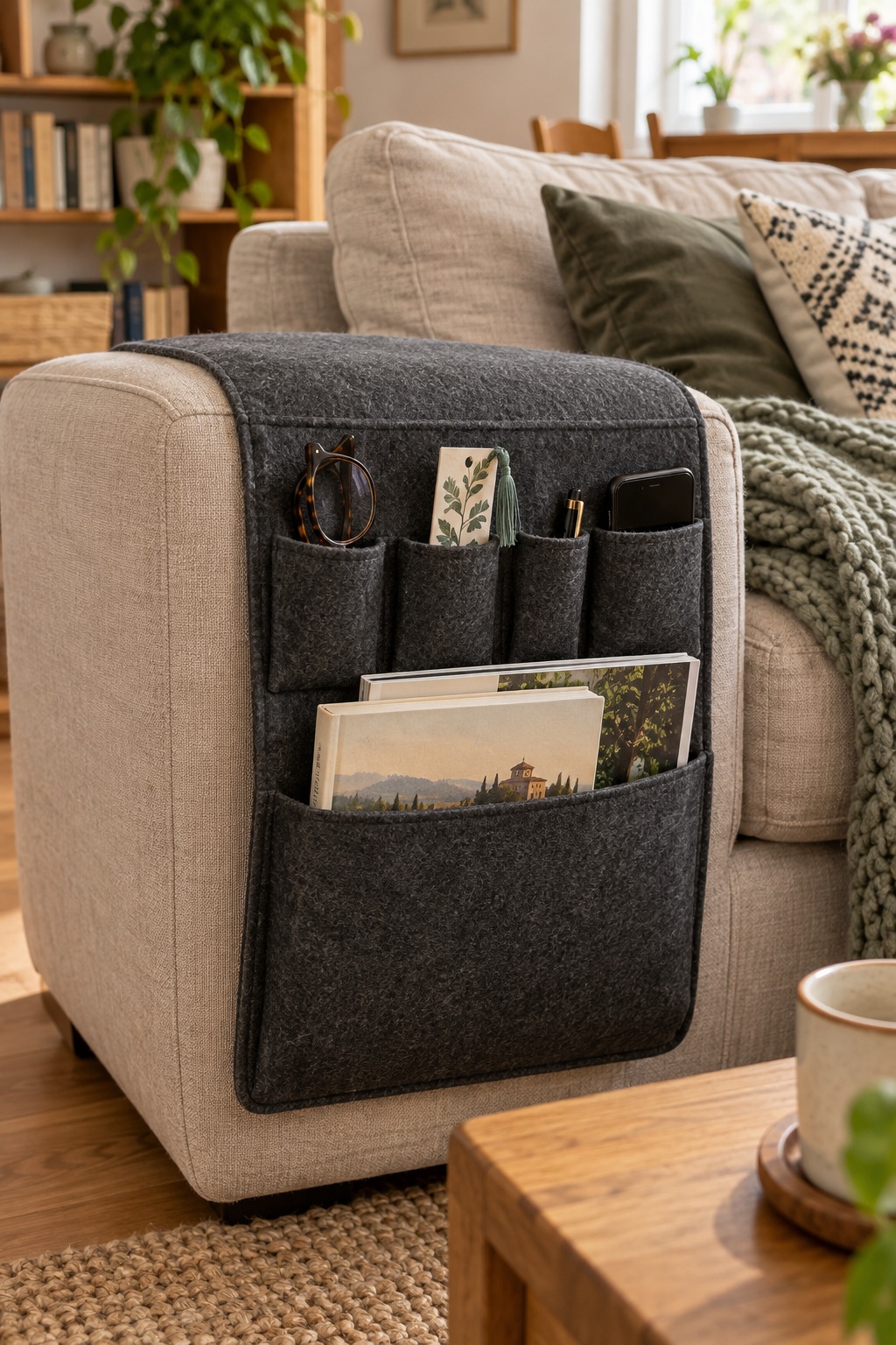 Graue Filztasche mit Buch und Lesezubehör über einer Sofalehne