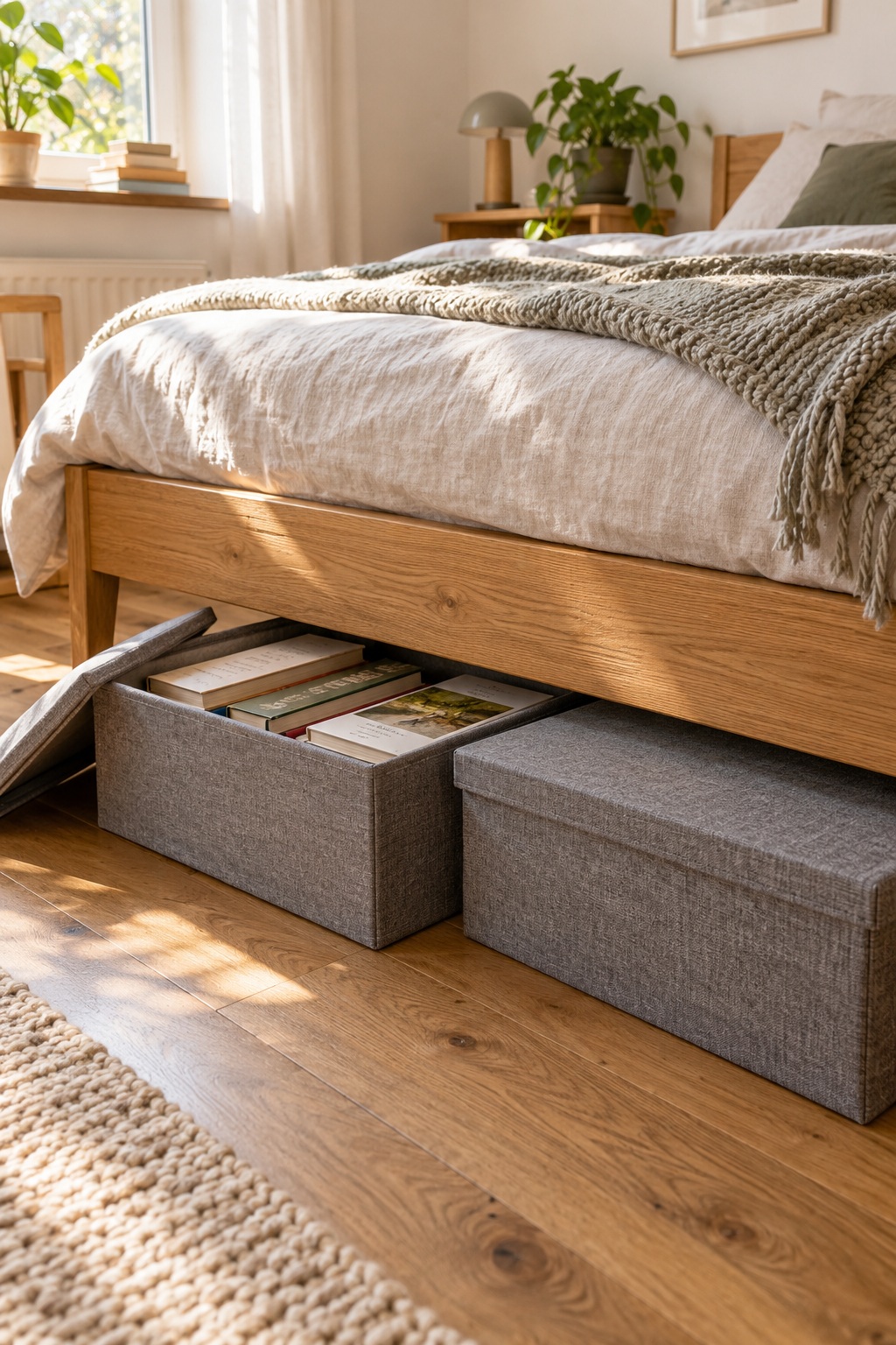 Graue Aufbewahrungsboxen mit Büchern unter einem Holzbett