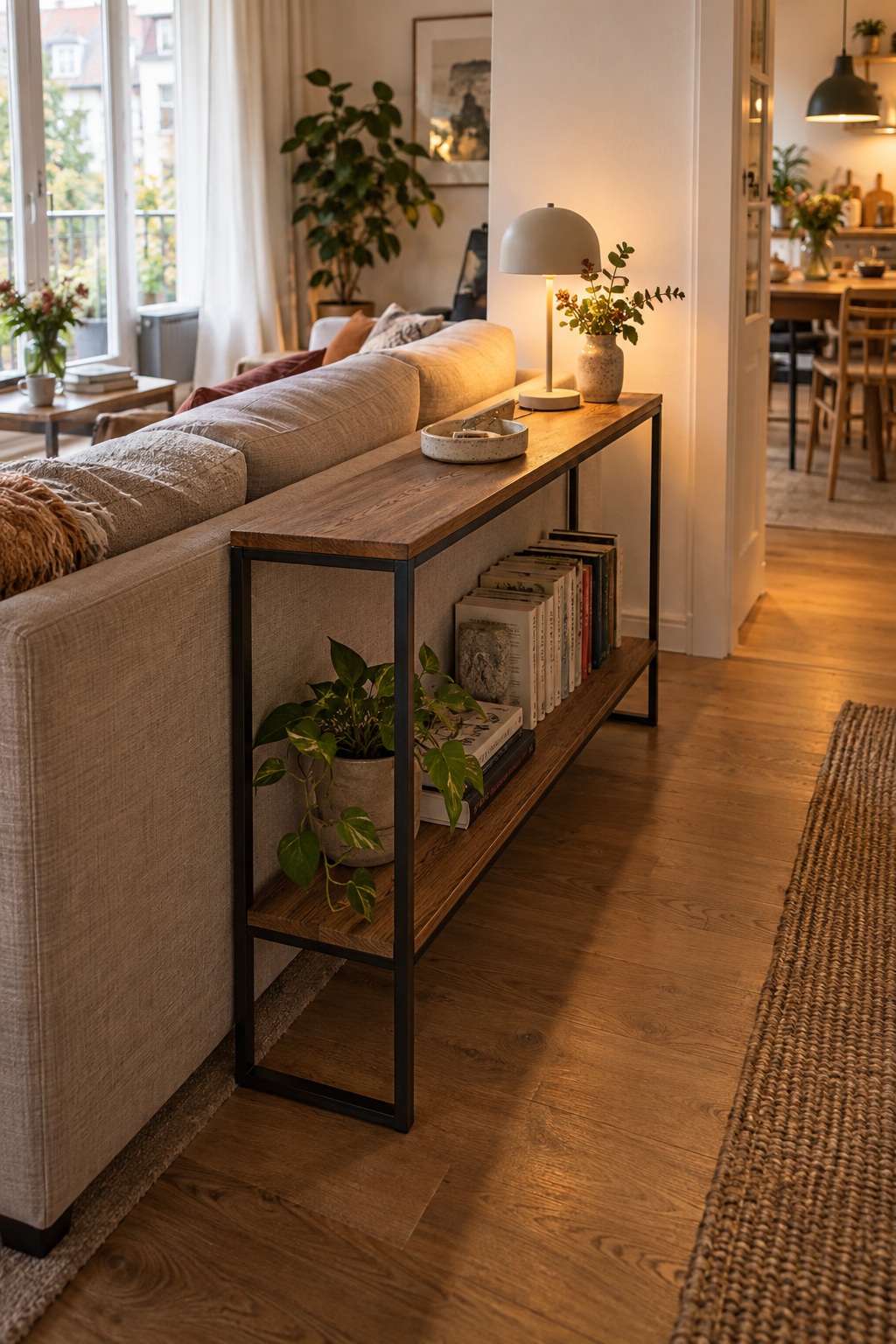 Schmale Konsole aus Holz und Metall mit Büchern hinter einem Sofa