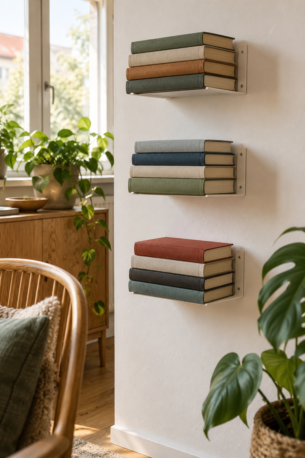 Kleine Buchstapel auf weißen Metallhaltern an der Wand