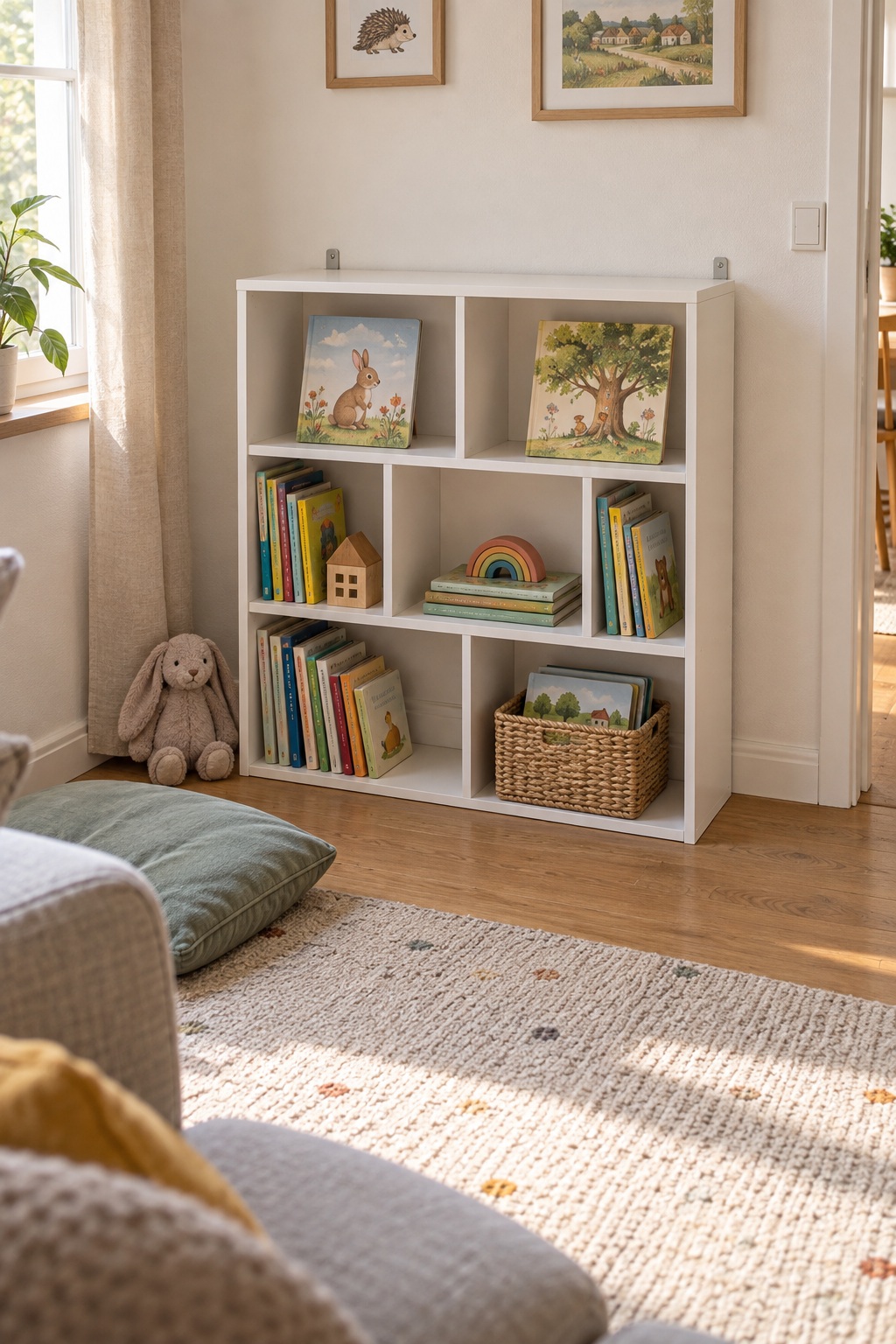 Niedriges weißes Bücherregal mit Wandsicherung und erreichbaren Kinderbüchern
