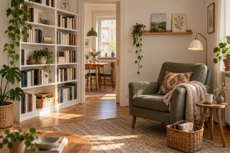 Wohnliche kleine Wohnung mit Bücherregal und gemütlichem Lesesessel