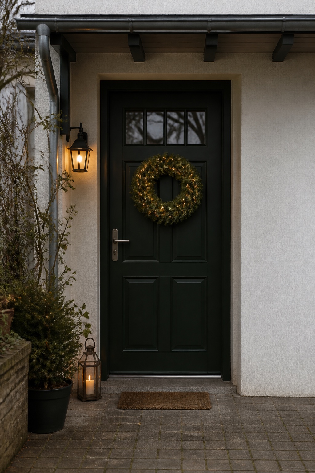 Beleuchteter Weihnachtskranz mittig an einer dunklen Haustür