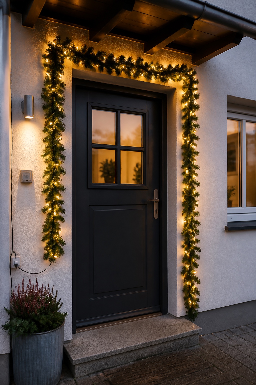 LED-Tannengirlande entlang eines überdachten Türrahmens