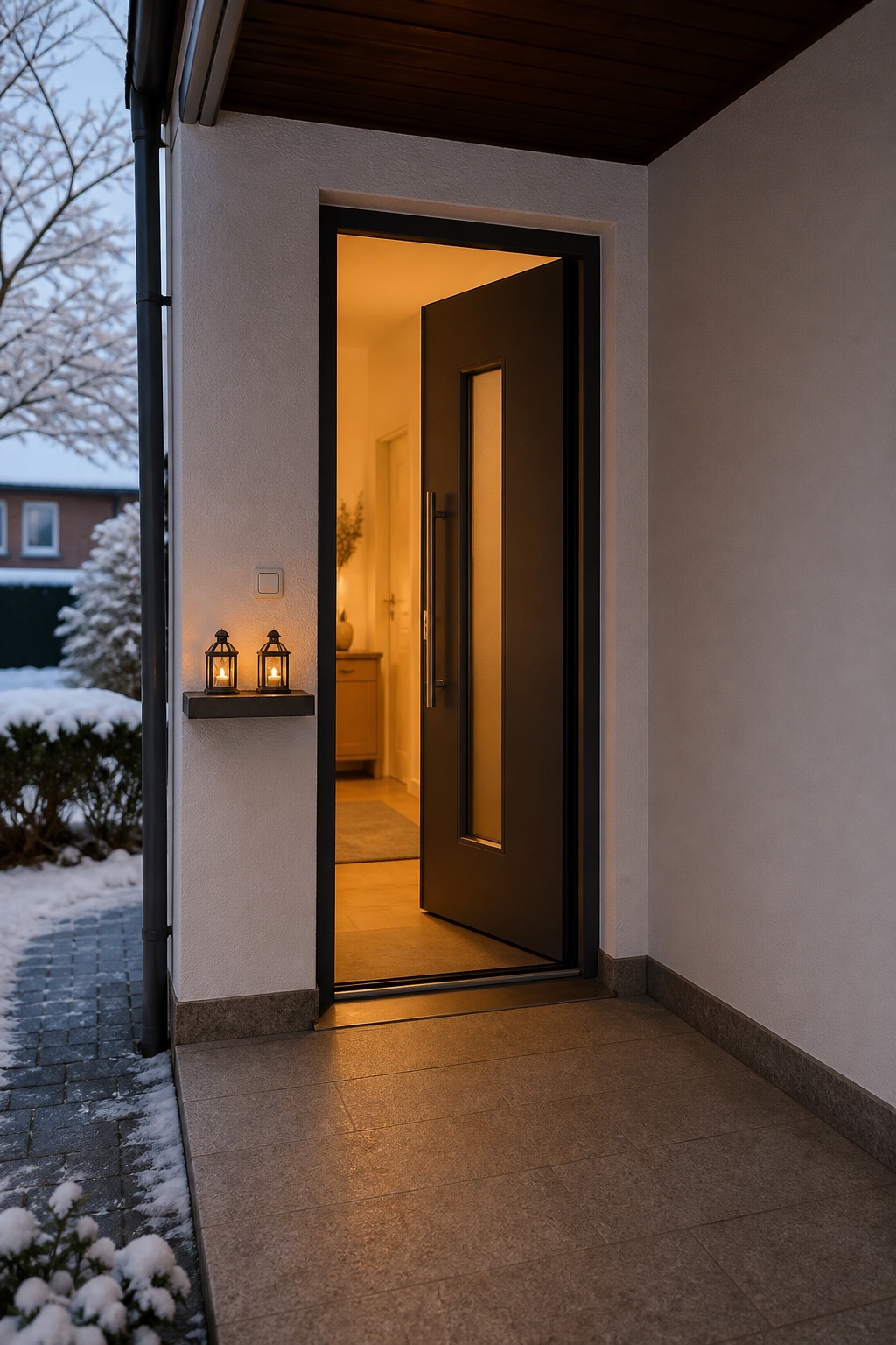 Zwei kleine bronzefarbene LED-Laternen auf einer Wandablage am Eingang