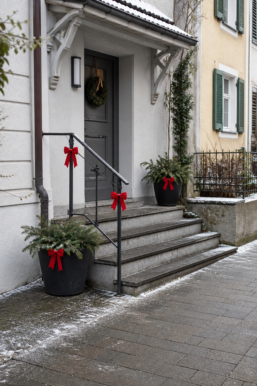 Vier maßvolle rote Weihnachtsschleifen an Geländer und Pflanzgefäßen eines verschneiten Hauseingangs