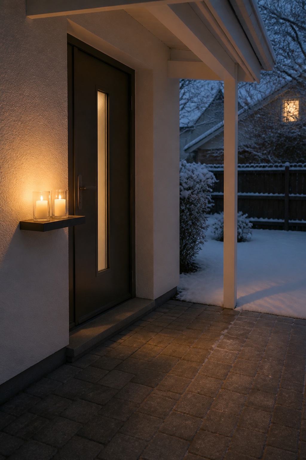 Zwei kleine LED-Kerzen in klaren Windlichtern auf einer Wandkonsole