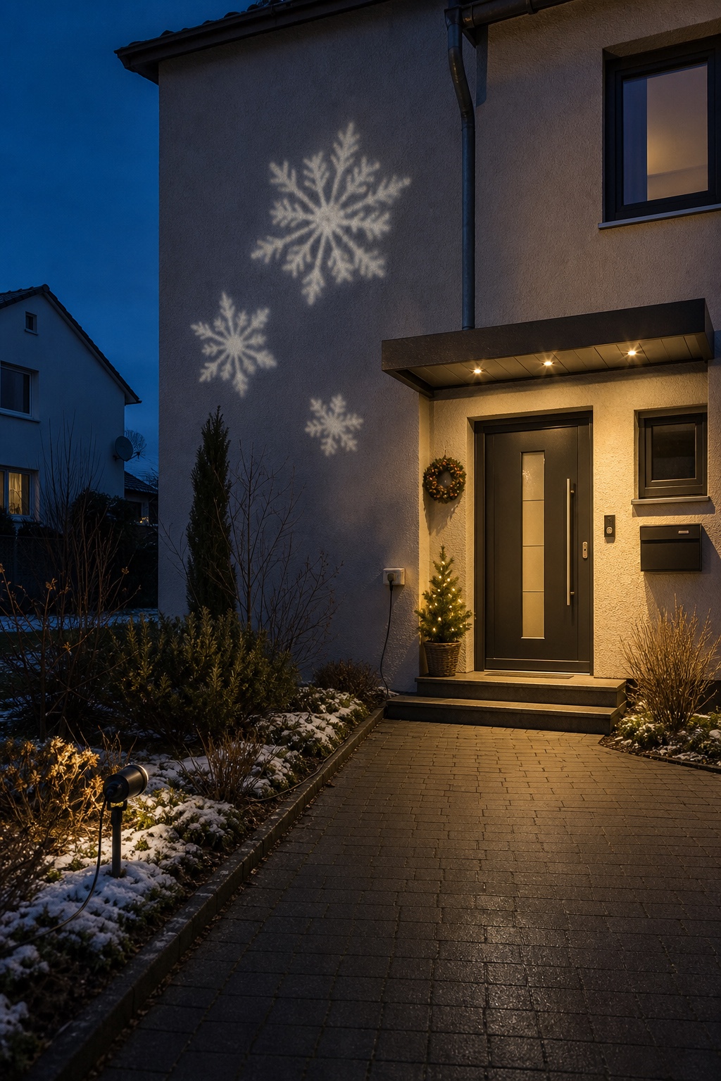 Kompakter Schneeflockenprojektor am Beetrand vor einer beleuchteten Hausfassade